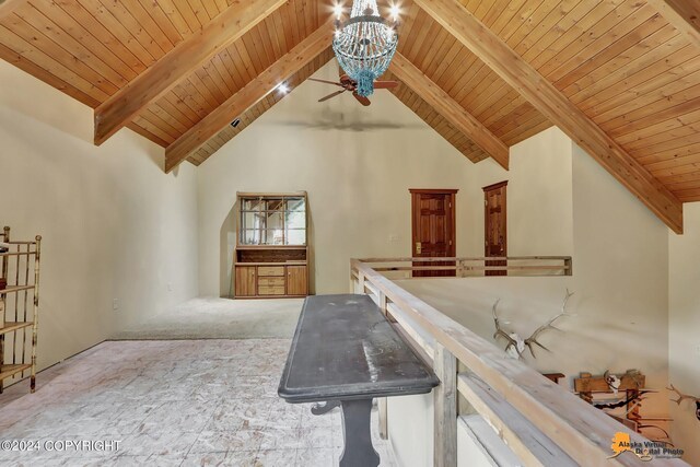 bonus room with wooden ceiling, beam ceiling, and high vaulted ceiling