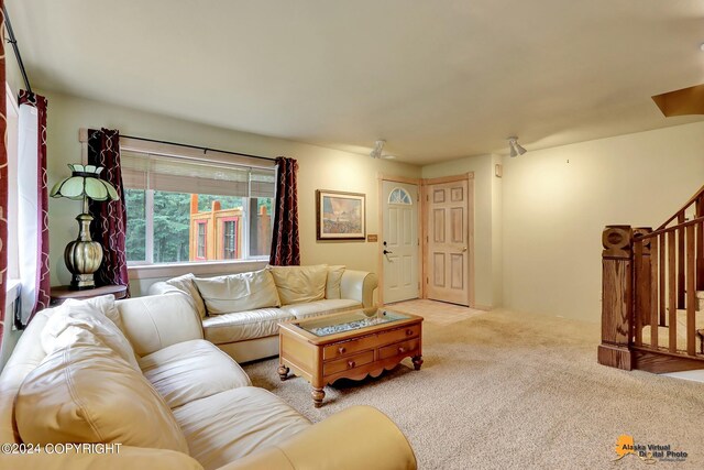 living room featuring light colored carpet