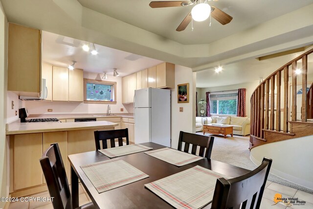 tiled dining area with ceiling fan and rail lighting