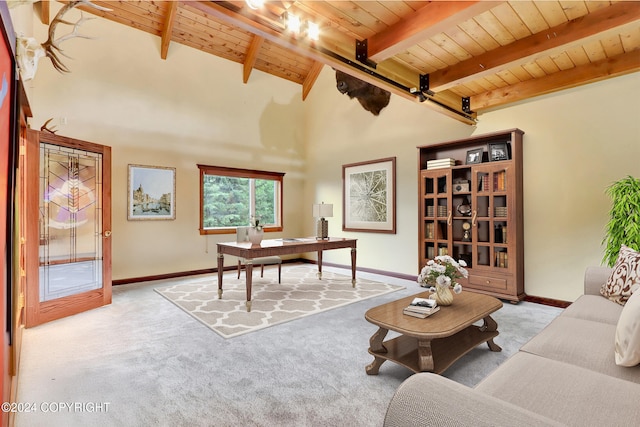 office space featuring vaulted ceiling with beams, light colored carpet, and wooden ceiling