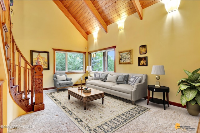 living room featuring high vaulted ceiling, beam ceiling, wood ceiling, and carpet floors