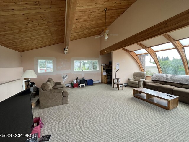 carpeted living room featuring wood ceiling, high vaulted ceiling, ceiling fan, and a baseboard heating unit