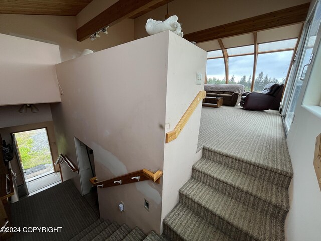 staircase featuring carpet flooring and lofted ceiling with beams