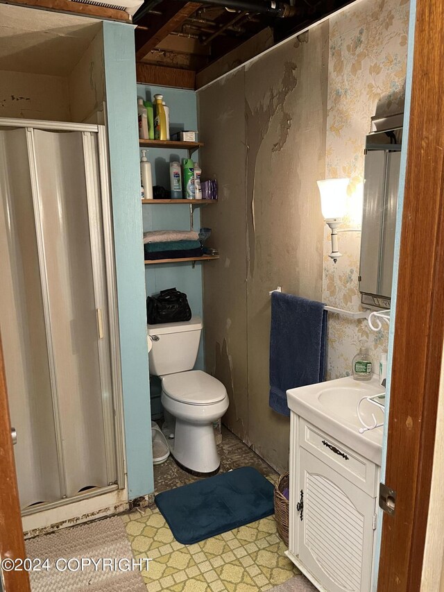 bathroom featuring a shower with door, vanity, and toilet