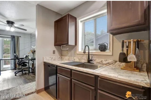 kitchen with ceiling fan, black dishwasher, a healthy amount of sunlight, and sink