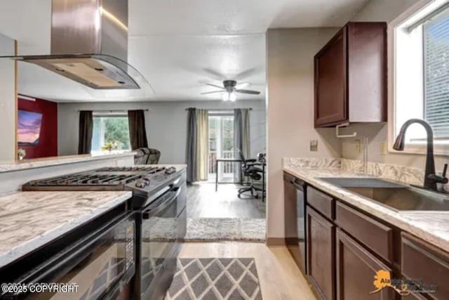 kitchen featuring extractor fan, ceiling fan, gas stove, light hardwood / wood-style flooring, and sink