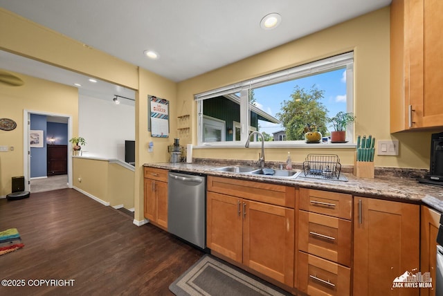 12230 Rainbow Ave, Anchorage, AK 99516 - kitchen featuring stainless steel dishwasher, dark wood-style flooring, recessed lighting, and brown cabinets