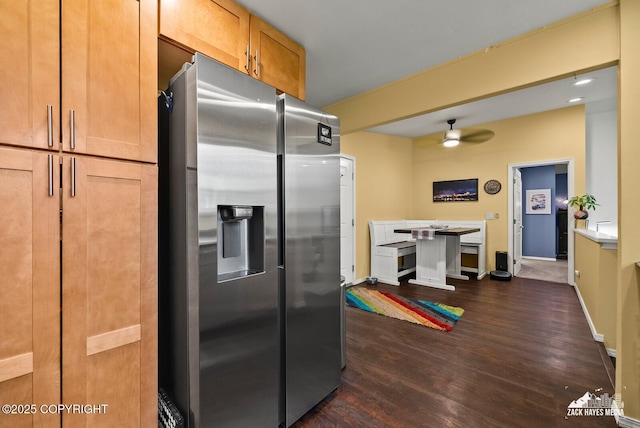 12230 Rainbow Ave, Anchorage, AK 99516 - kitchen with stainless steel refrigerator with ice dispenser, a ceiling fan, dark wood-type flooring, and brown cabinets