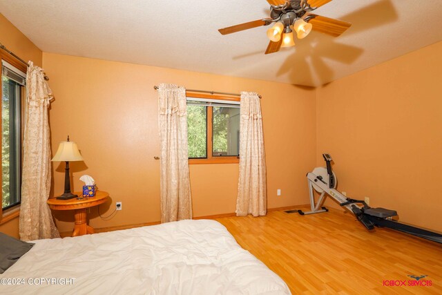 bedroom with light wood-type flooring and ceiling fan