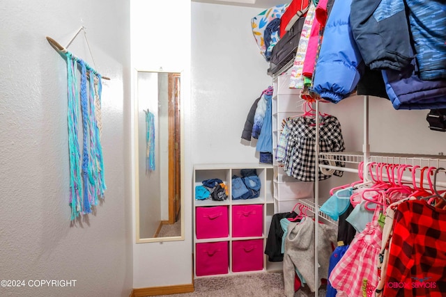 walk in closet featuring carpet flooring