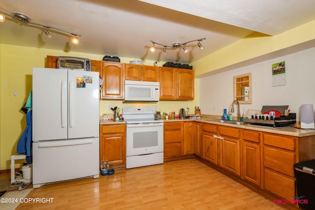 kitchen with white appliances, rail lighting, light hardwood / wood-style flooring, and sink