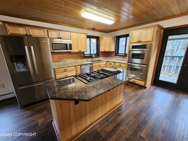 kitchen featuring a center island, hanging light fixtures, stainless steel appliances, dark hardwood / wood-style flooring, and wood ceiling