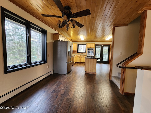 kitchen with plenty of natural light, wooden ceiling, stainless steel refrigerator with ice dispenser, and a baseboard heating unit