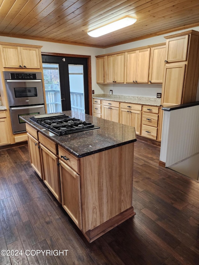 kitchen featuring wooden ceiling, double oven, black gas stovetop, and dark wood-type flooring