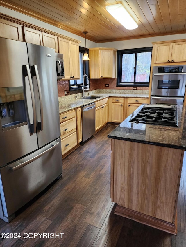 kitchen featuring wood ceiling, sink, hanging light fixtures, and appliances with stainless steel finishes