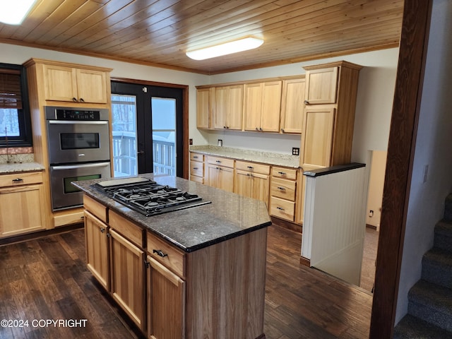 kitchen with dark hardwood / wood-style flooring, double oven, black gas stovetop, and wood ceiling