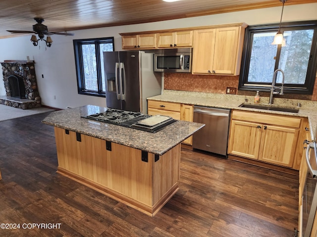 kitchen with dark wood-type flooring, sink, hanging light fixtures, ceiling fan, and stainless steel appliances