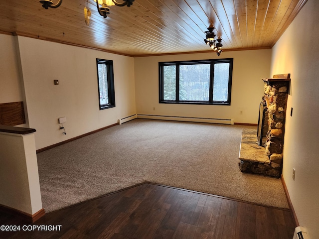 unfurnished living room with a baseboard heating unit, ornamental molding, wooden ceiling, and wood-type flooring