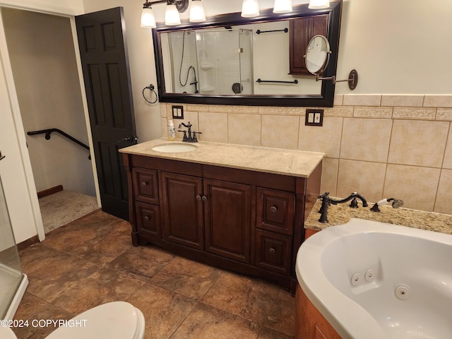 20527 Mark Cir, Chugiak, AK 99567 - full bathroom with a stall shower, a tub with jets, vanity, and stone finish floors