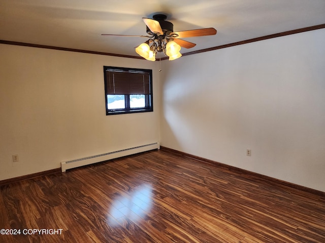 empty room with baseboard heating, ceiling fan, dark hardwood / wood-style flooring, and ornamental molding