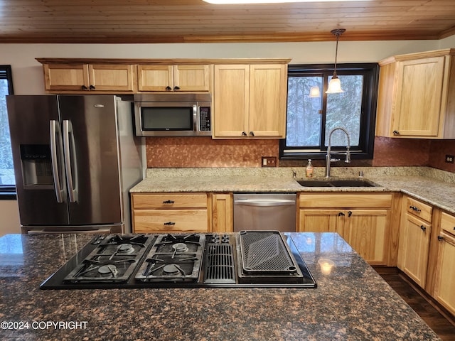 20527 Mark Cir, Chugiak, AK 99567 - kitchen with appliances with stainless steel finishes, light brown cabinetry, ornamental molding, pendant lighting, and wood ceiling