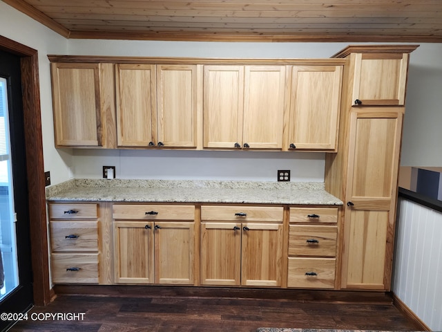 kitchen featuring light stone countertops, dark hardwood / wood-style flooring, wood ceiling, light brown cabinets, and wood walls