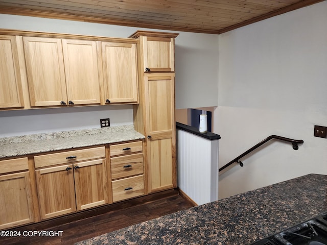 kitchen featuring ornamental molding, light stone counters, light brown cabinetry, dark hardwood / wood-style flooring, and wood ceiling