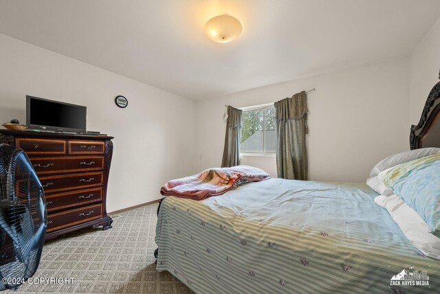 bedroom with light carpet