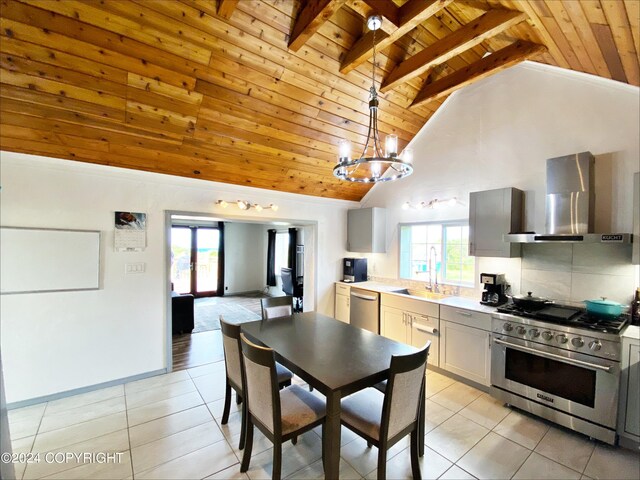 kitchen featuring wood ceiling, sink, wall chimney exhaust hood, high vaulted ceiling, and appliances with stainless steel finishes