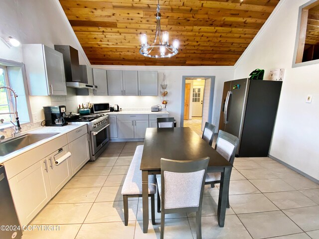 kitchen with appliances with stainless steel finishes, pendant lighting, lofted ceiling, sink, and wall chimney range hood