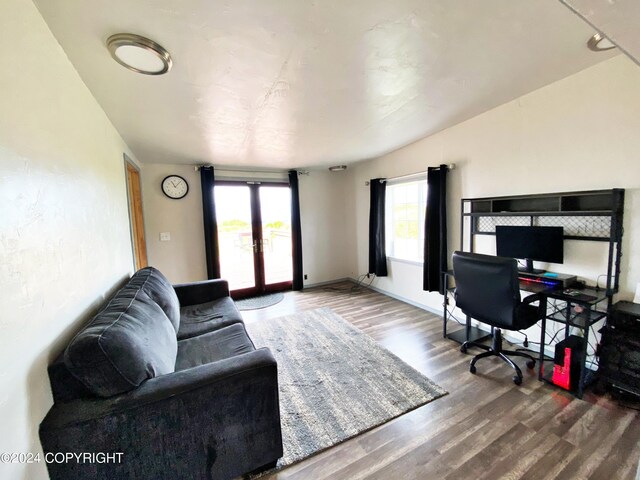 living room featuring dark hardwood / wood-style floors and french doors