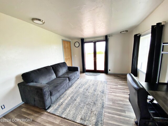 living room featuring french doors and hardwood / wood-style flooring