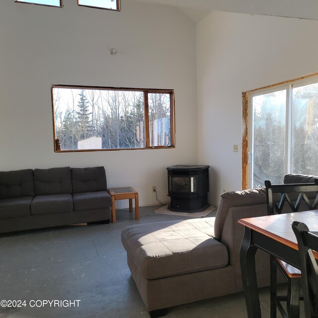 living room with a wealth of natural light, concrete flooring, and a wood stove