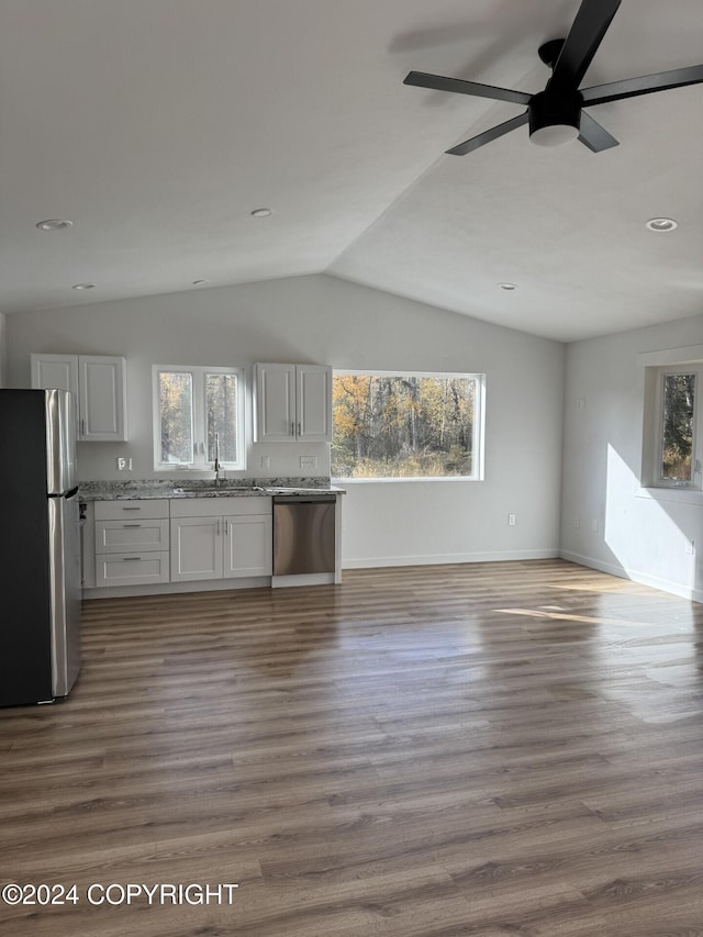 kitchen featuring open floor plan, stainless steel appliances, lofted ceiling, and a healthy amount of sunlight