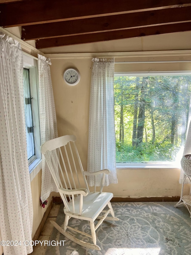 living area with lofted ceiling with beams, a healthy amount of sunlight, and carpet floors