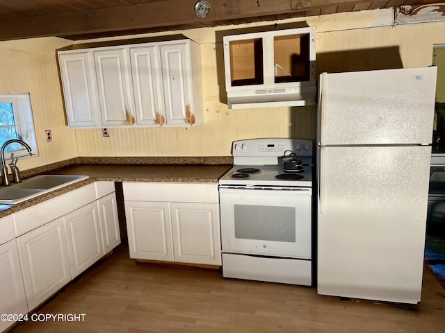 kitchen featuring light wood-type flooring, white appliances, white cabinetry, and sink