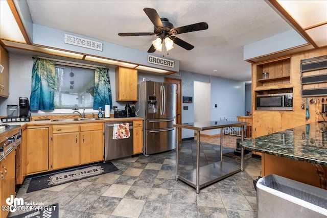 kitchen featuring ceiling fan, appliances with stainless steel finishes, and sink