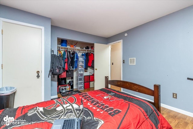 bedroom featuring wood-type flooring and a closet