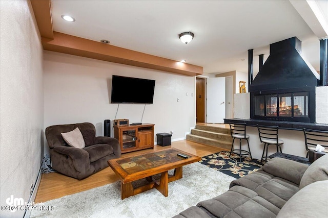 living room with wood-type flooring and a multi sided fireplace