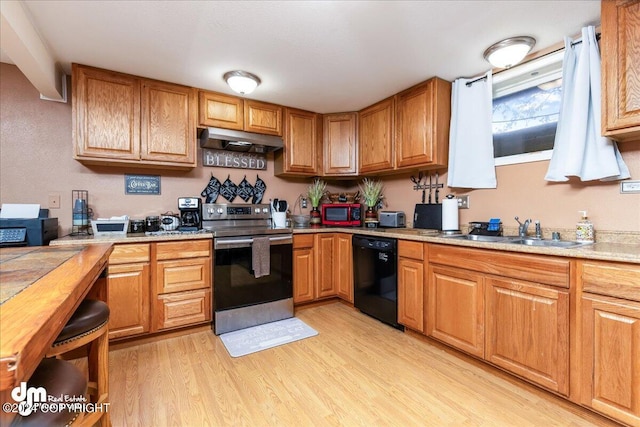 kitchen featuring light hardwood / wood-style floors, black dishwasher, stainless steel electric stove, and sink