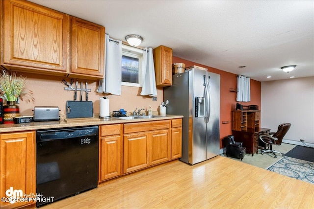 kitchen with light wood-type flooring, black dishwasher, stainless steel fridge with ice dispenser, and sink