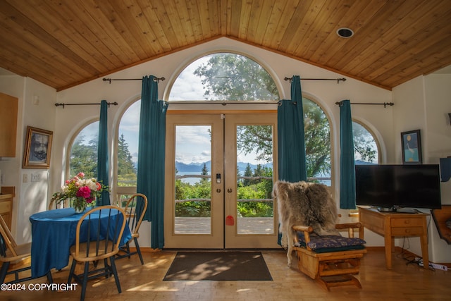 doorway to outside with french doors, high vaulted ceiling, and wooden ceiling