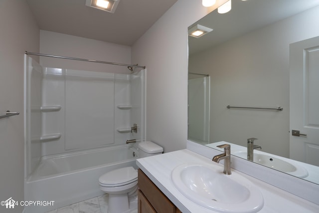 bathroom with toilet, marble finish floor, bathtub / shower combination, and vanity