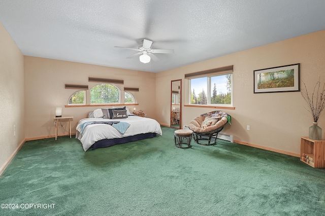 bedroom featuring carpet flooring, multiple windows, and ceiling fan