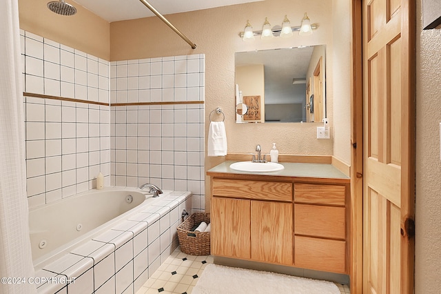 bathroom with shower / bath combination with curtain and vanity