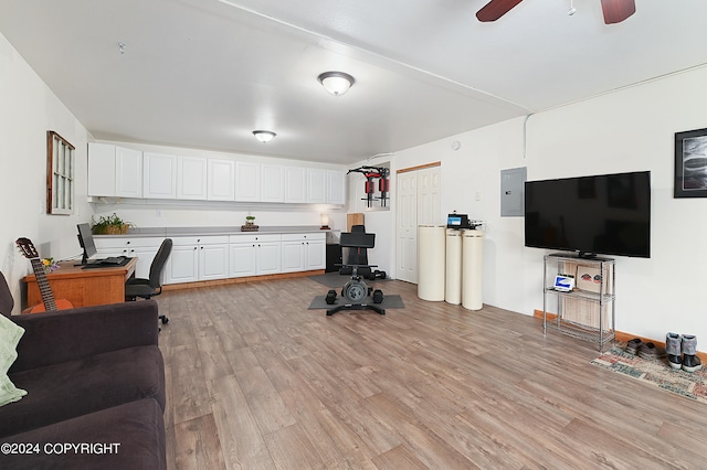 workout room featuring electric panel and light hardwood / wood-style floors