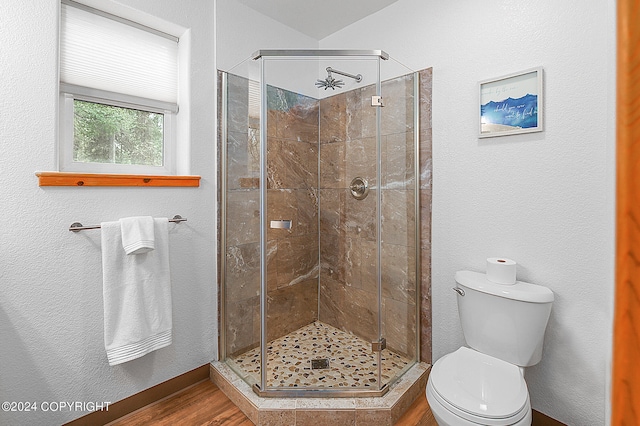 bathroom with hardwood / wood-style floors, toilet, and an enclosed shower