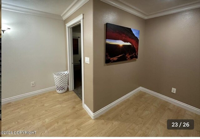 hall with light hardwood / wood-style floors and ornamental molding