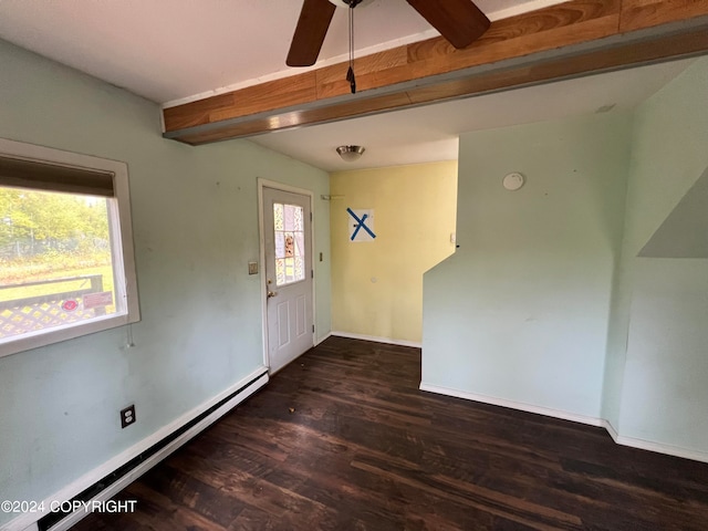 spare room featuring dark wood-type flooring, a baseboard heating unit, and ceiling fan