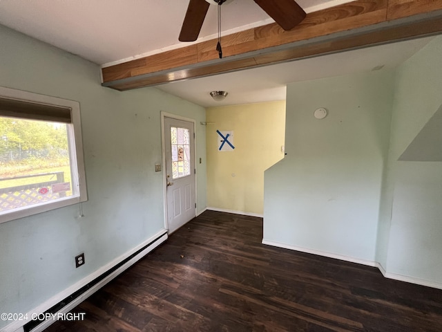 entrance foyer with a wealth of natural light, wood finished floors, baseboard heating, and ceiling fan